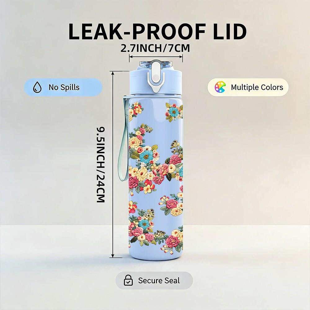 1PC Loose Vine Rose Floral Branch Print 750ml Color Plastic Sports Water Bottle Leakproof Flip Straw Lid Suitable for Sports Office Home Use