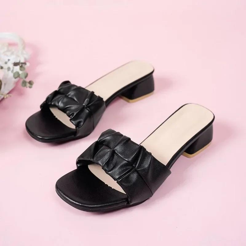 Women Summer New Chunky Heel Slippers Fashion Pleated Square Toe Green Orange Women Sandals Casual Elegant Ladies Dress Sandals