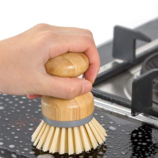 2Pcs Bamboo Dish Brush Flexible Bristles Ergonomic Handle Oil Proof Stain Removal Sink Plate Bowl Pan Scrub Cleaning Scrubber Kitchen Supplies