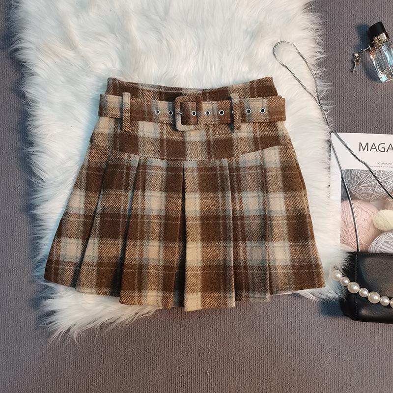 High-Waisted Plaid Woolen Pleated Skirt - Women's A-Line Autumn/Winter 2025 Academy Style