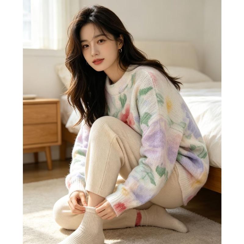 2026 Autumn Women Colorful Sweaters Knitting Basic Fashion O-Neck Style Loose Pullover Sweater