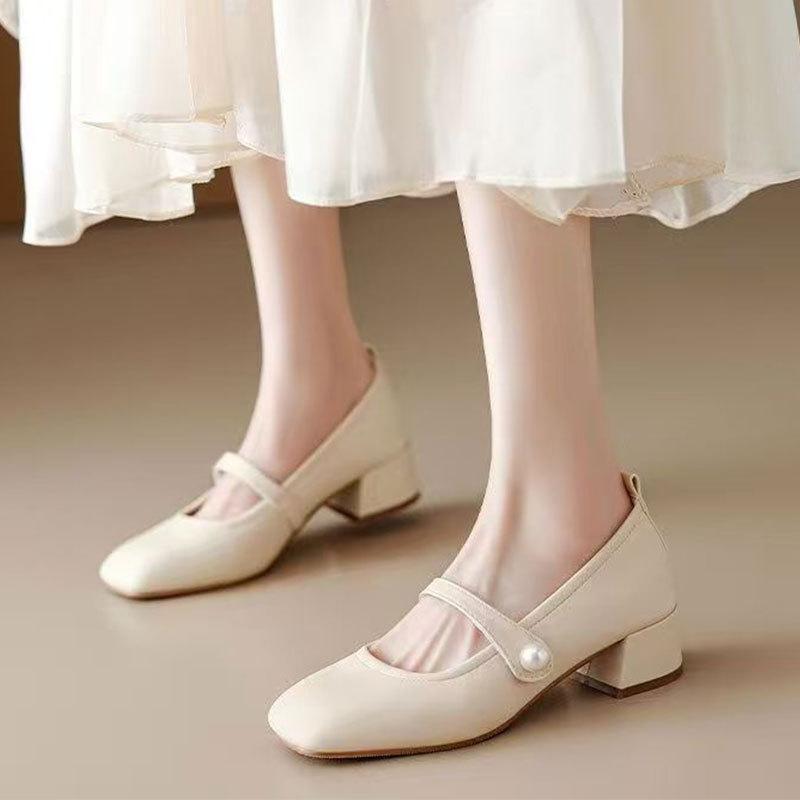 Small leather shoes with skirts, evening single shoes, 2025 spring and summer new high heels, French medium heel thick heel, Mary Jane women's shoes