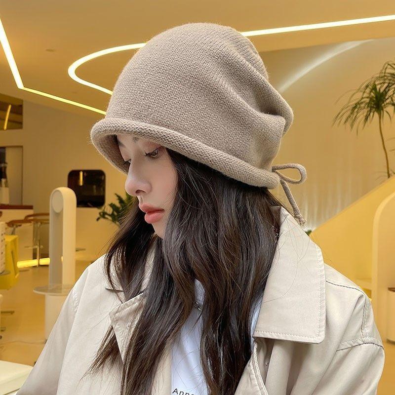 Pile Hats Women's Autumn and Winter Hats Big Head Circumference Knitted Wool Hats Winter Pure Cotton Confinement Hats Baotou Hats Show Small Face