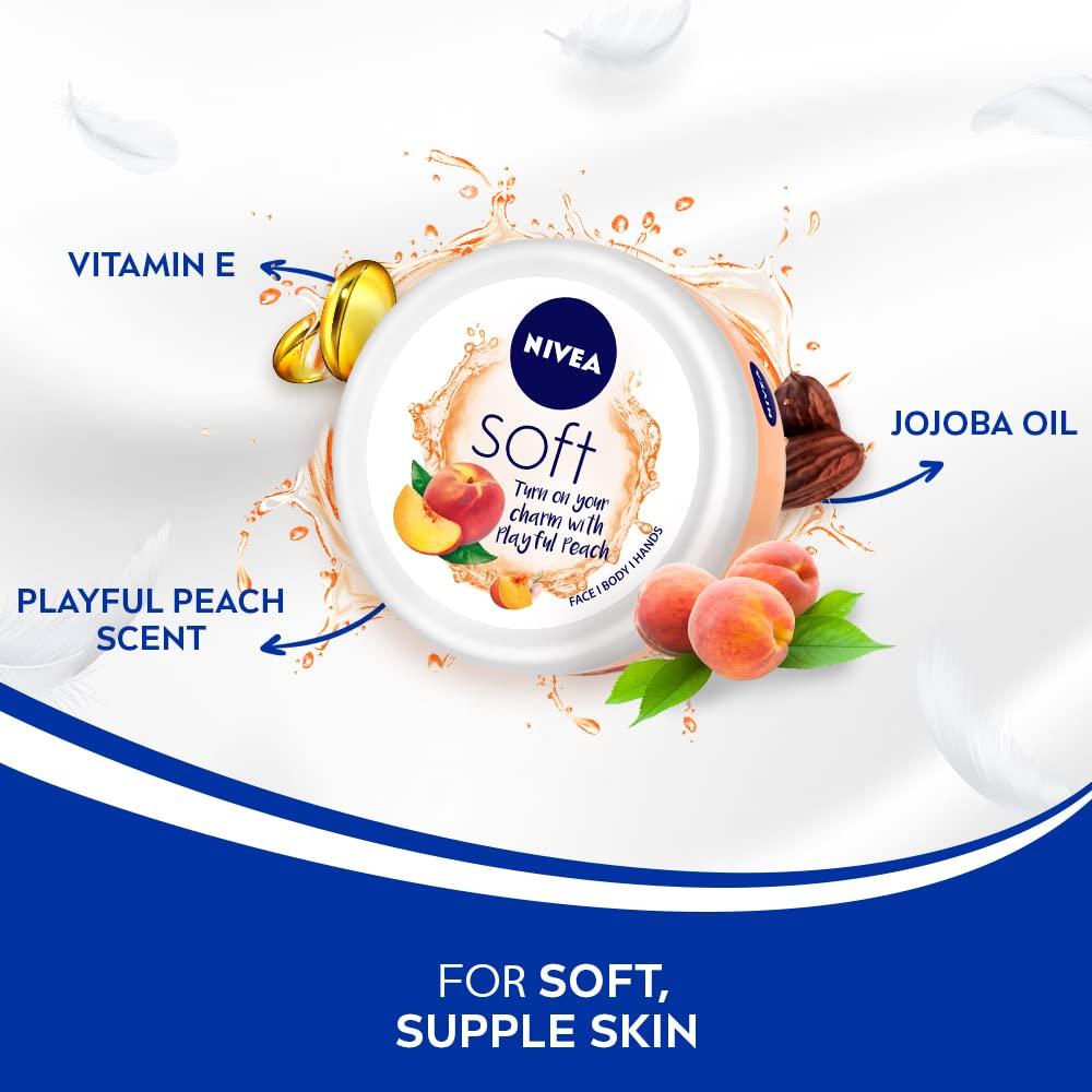 Nivea Soft Peach Moisturizer 100ml For Face Hands Body Light Hydration Vitamin E Jojoba Oil Non Greasy Cream All Skin Types