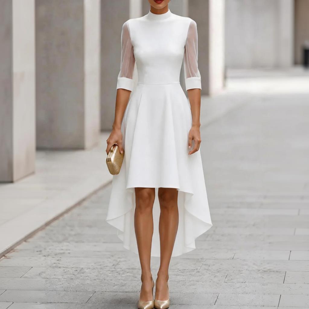 Women's Color Mesh Cocktail Dress with Mock Neck, Three-Quarter Sleeves and Asymmetric Hem for Evening Party