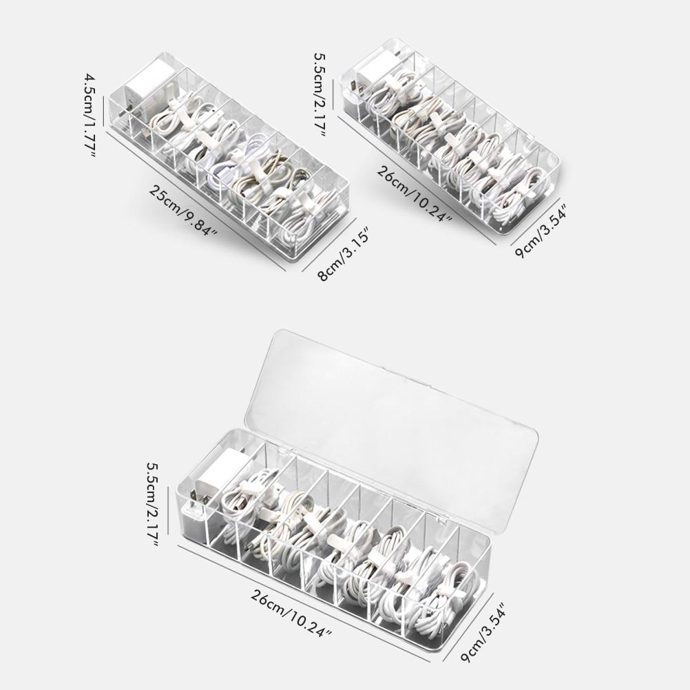 8 Grids Clear Plastic Cable Storage Box Data Cable Storage Container Save Space Cable Management