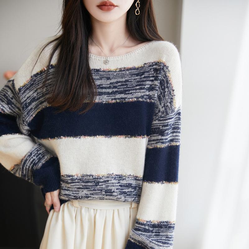 Вязаный свитер с круглым вырезом, с длинными рукавами, женский, с цветовыми блоками, с бахромой, базовый топ, новый осенне-зимний стиль, непринужденный стиль M темно-синий
