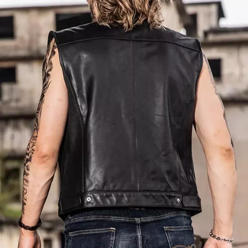 AL KHALID - Chaleco de moto de cuero auténtico negro para hombre, nuevo, hecho a mano, para club de motociclistas