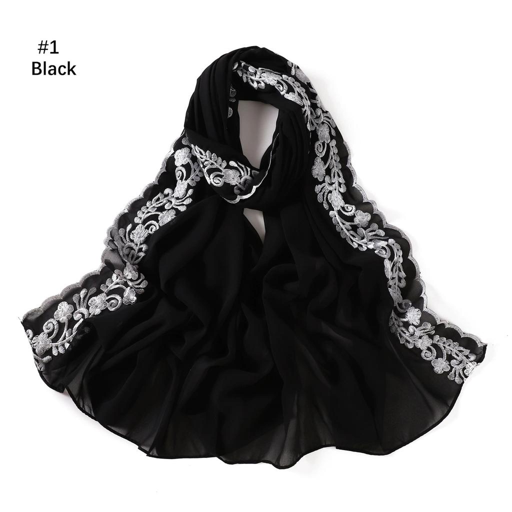 Embroidery Lace Chiffon Hijabs For Women Vine Heavy Pearl Industry Edge Long Scarf Light Scarf Headscarf Shawl Turban Ramadan