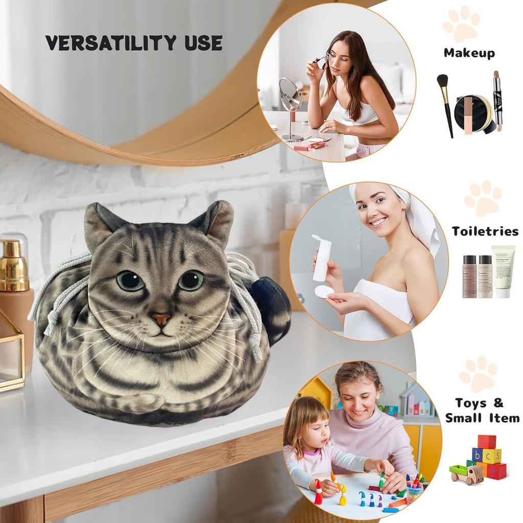 Makeup Pouch Drawstring Cat Shape Cosmetic Travel Bags For Women Portable Funny Organizer For Gym Travel Luggage Camping