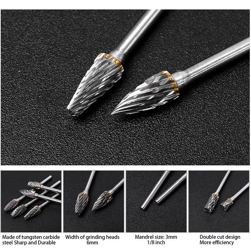 Carbide Burr Set 10PCS 1/8" Shank Double Cut Tungsten Carbide Rotary Burrs Set with Dremel Bits for Metal Wood Carving Polishing
