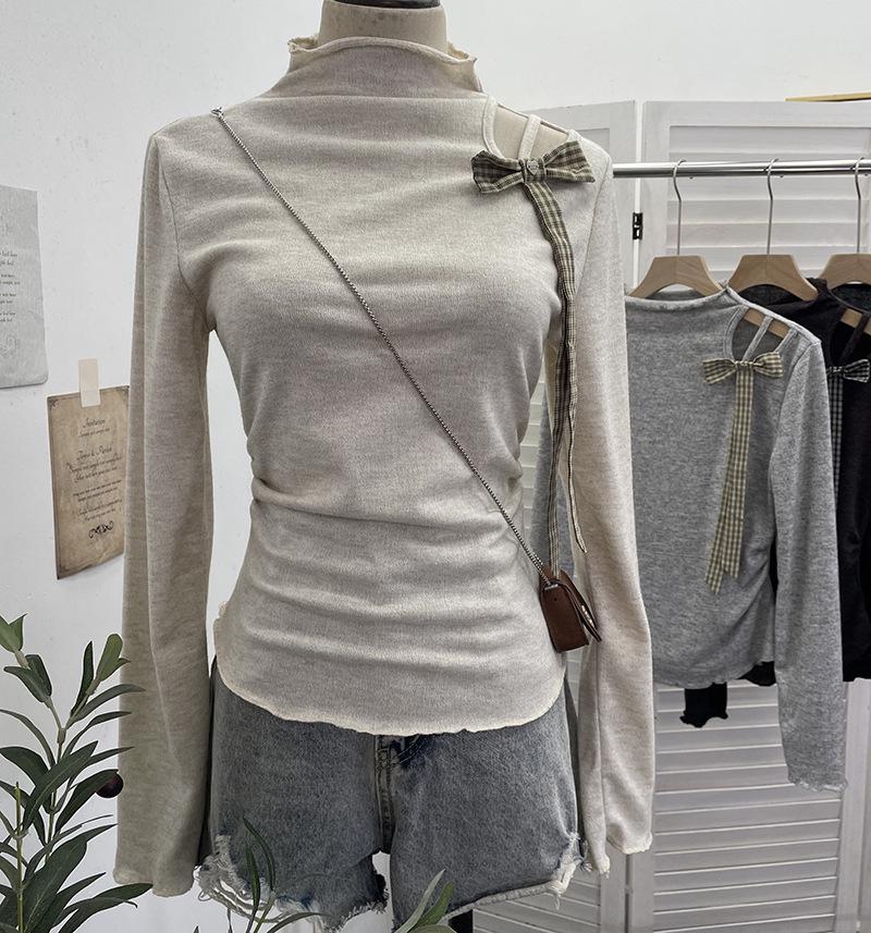 

Korean Style Off-Shoulder Bow Slim Fit Long-Sleeve Women s Top One Size абрикосовий