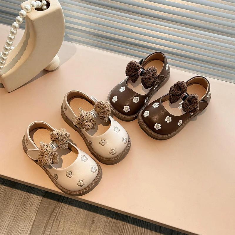 Autumn Girl's Mary Janes Flroal Shallow Bowknot Classic Kids Leather Shoes Matte Pu Leather Beige Brown Children Flat shoe 21-30