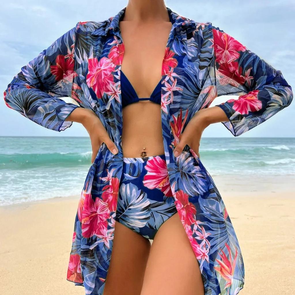 Dreiteiliger Bikini mit tropischem Druck für Frauen 2023 Neuer Badeanzug mit hoher Taille zum Überziehen Bademode Brasilianischer Biquini-Badeanzug