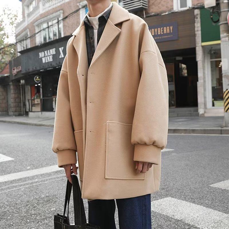 Men's Trendy Mid-Length Wool Coat - Loose Fit, High-End Single-Breasted for Autumn & Winter