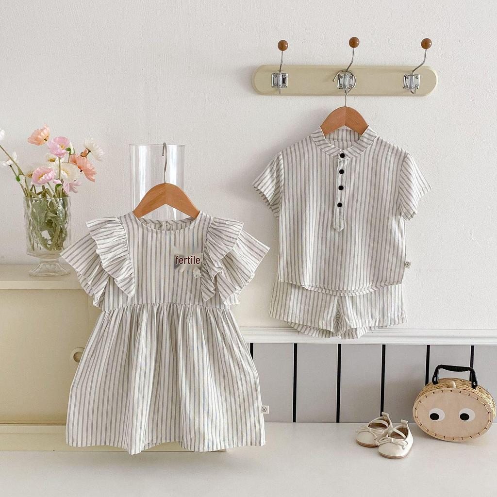 Children's Summer Striped Sibling Outfit: Boys' Shorts & Girls' Dress Set 2025