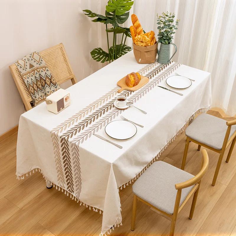Rustic Embroidery Tablecloths Cotton Linen Coffee Leaves Pattern Rectangle Waterproof Table Covers for Kitchen Living Room Decor