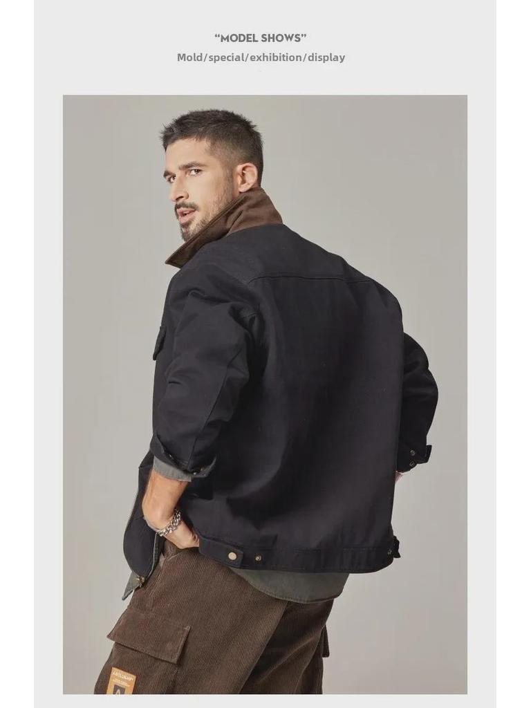 Men's Detroit Retro Coach Jacket: Heavy Washed Lapel Coat for Spring and Autumn