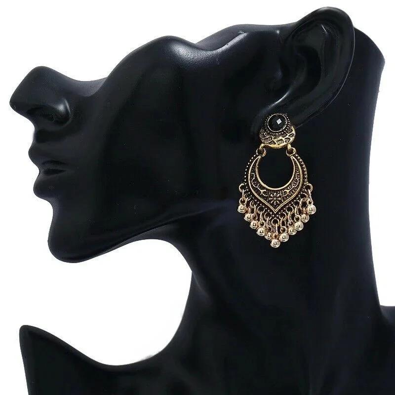 Fashion Tassel Antique Earrings Retro Earrings Bohemian Style Beads Women Black Rhinestone Earrings Jewelry Gift