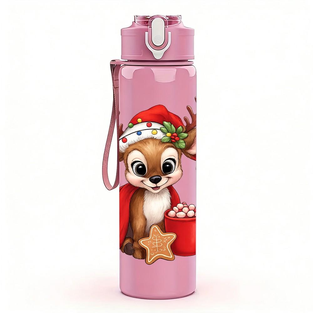 1PC Christmas Reindeer Elk 750ml Color Plastic Sports Water Bottle Leakproof Flip Straw Lid Suitable for Sports Office Home Use
