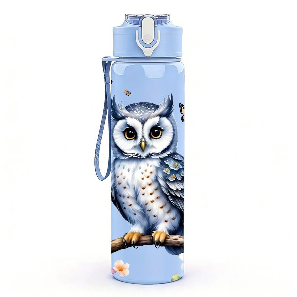 1PC Branch Perched Owl Spring Floral Nature Art 750ml Color Plastic Sports Water Bottle Leakproof Flip Straw Lid Suitable for Sports Office Home Use