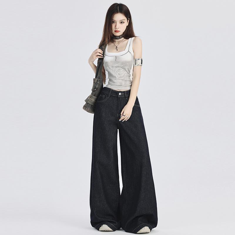 Women s Dark Blue High-Waist Wide-Leg Jeans 2024 - American Style Palazzo Pants for Summer Small