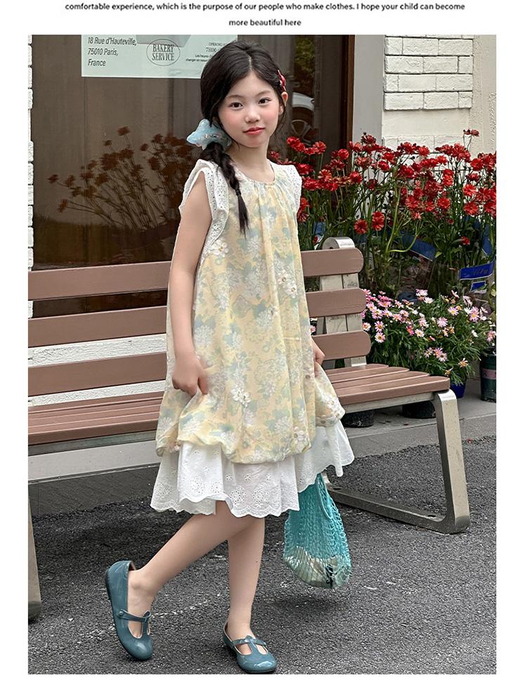 Girls' 2026 new sweet and cute sleeveless floral dress, summer lace patchwork mesh skirt, stylish long skirt