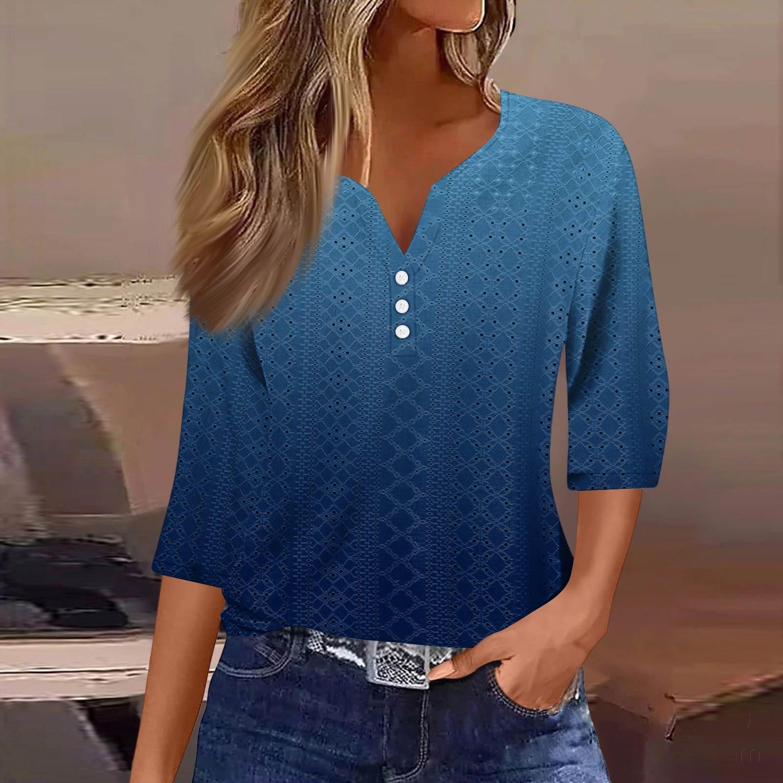 

Женская модная футболка с V-образным вырезом, пуговицами, семью рукавами, повседневная, с градиентным принтом L