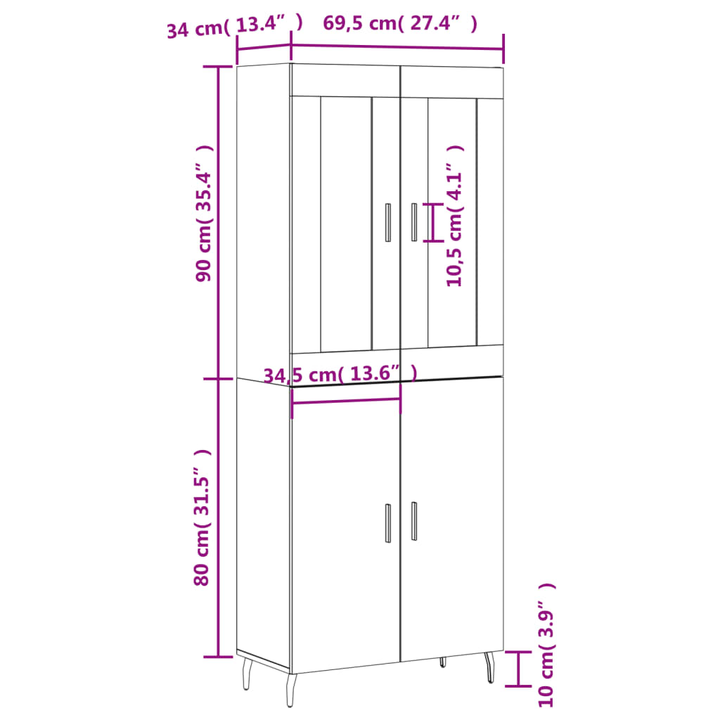 Highboard in Sonoma Oak Finish 69.5 x 34 x 180 cm Particleboard
