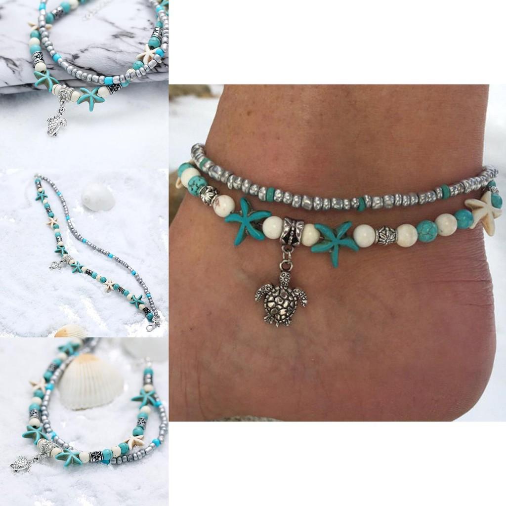 Vintage Blue Starfish Shell Anklet Beach Turtle Anklet Vacation Rice Bead Anklet