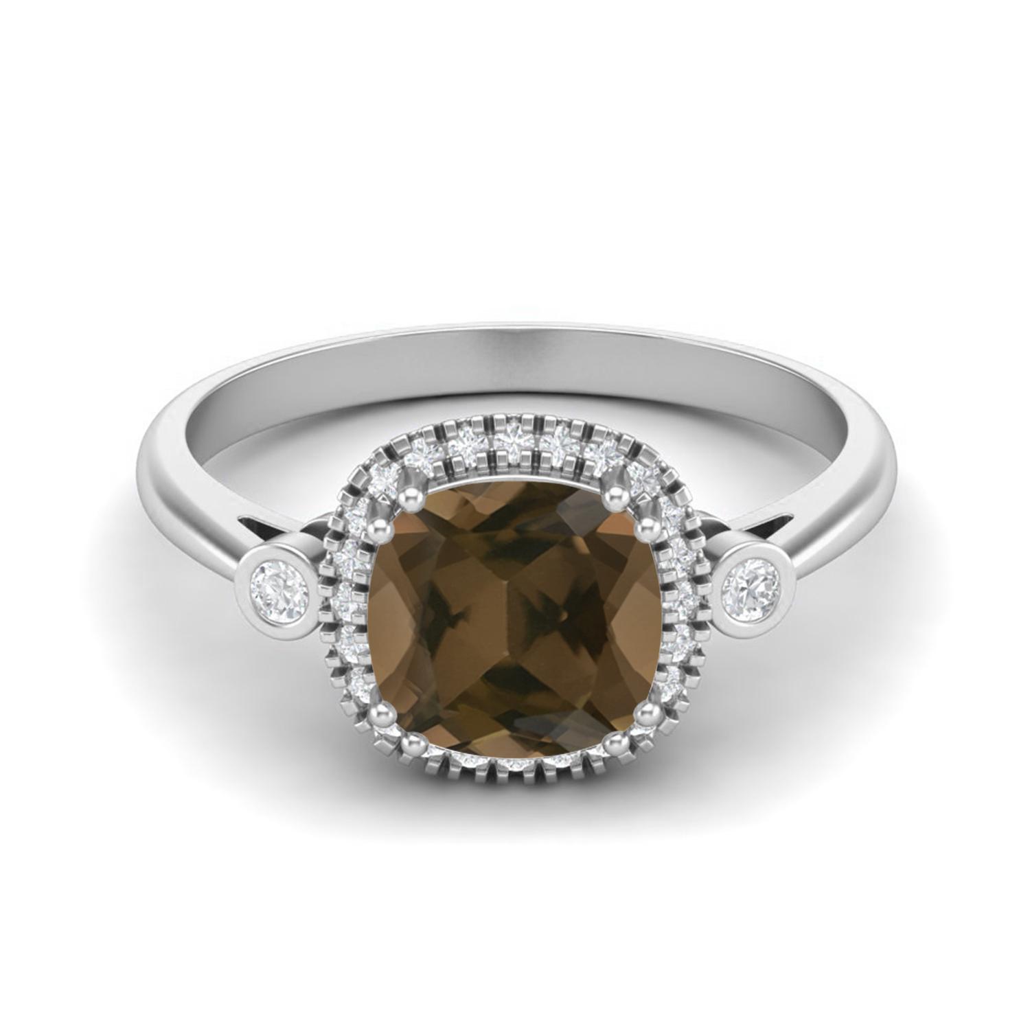 7mm Cushion Smoky Quartz 925 Sterling Silver Solitaire Accents Women Anniversary Ring 8