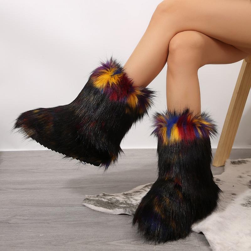 fashion Shoes for Women New Slip on Women's Boots Winter Round Toe Solid Flock Plush Warm Mid Heel Water Proof Casual Snow Boots