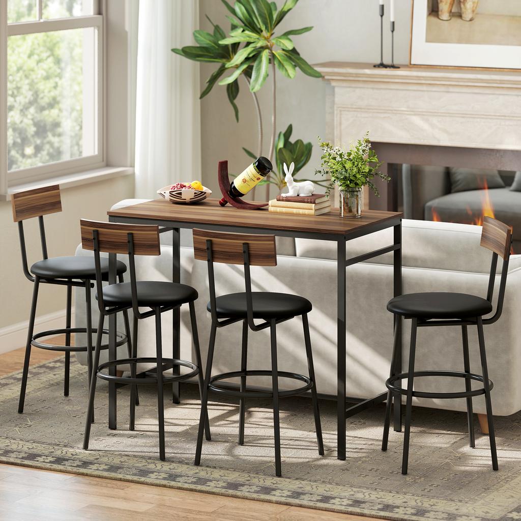 Set Tavolo Alto da Bar a 5 Pezzi con 4 Sedie, Design Industriale, per Cucina, Sala da Pranzo, Legno, Acciaio, Marrone