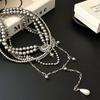 Multilayer Stacked Cross Grey Pearl Long Tassel Necklace Stars Pendant Sweater Chain  Girls