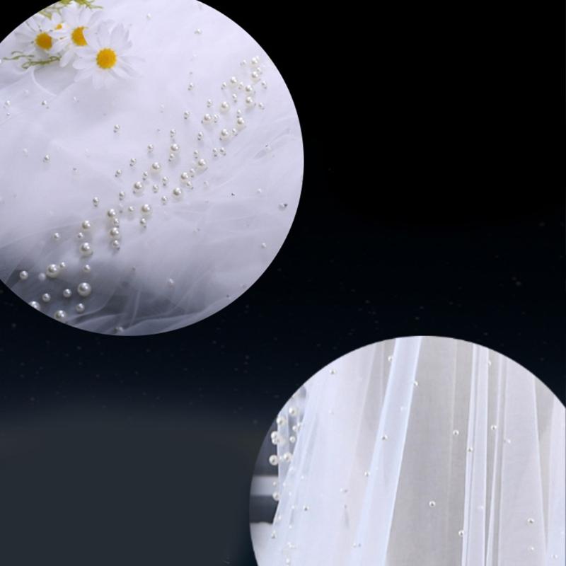 Wedding Bridal Veil Cut Edge Hair Accessories for Bride Single Layer Sheer Tulle 118" Pearls Embellished Chapel Veils