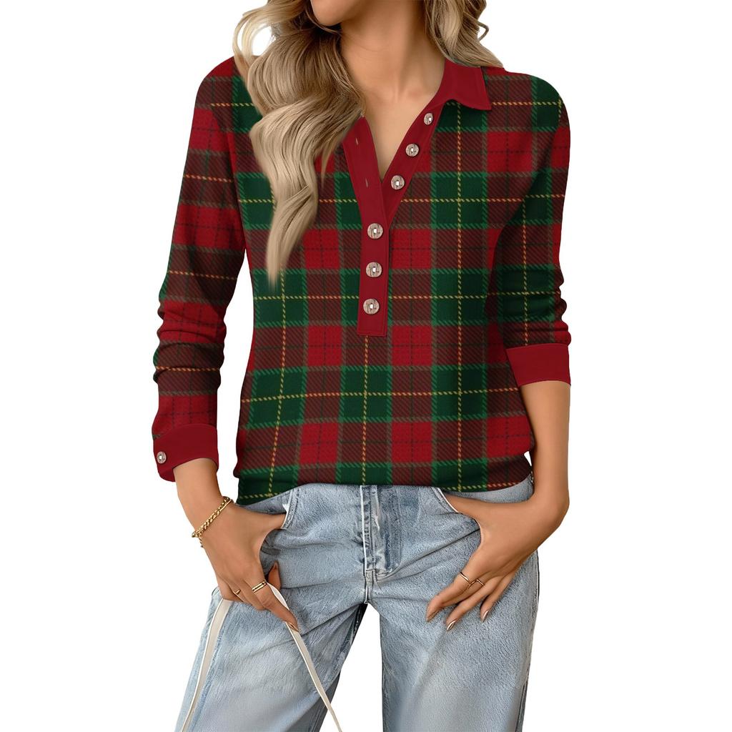 Women's Retro Street Lazy V,neck Long Sleeve Button Plaid Print Pullover Top