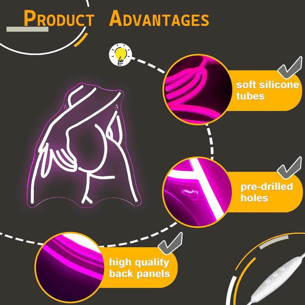 Pretty Ladies Body Neon Sign, Woman Body Neon Sign,Lady Buttocks Neon Sign, Aesthetic Pink Ass Line Art Neon Light, USB Powered for Bachelor Club