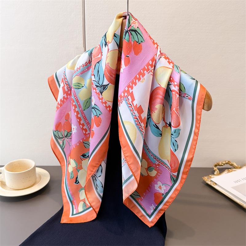Luxury Women's Summer 70x70cm Square Silk Scarf, Lemon Print, Decorated with Floral Pattern, Can Be Used As a Headband, Yellow Shawl, Headscarf