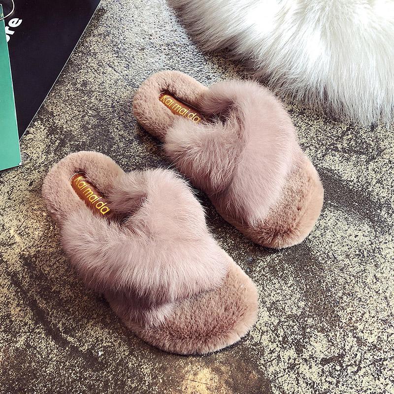 Fashion 3-Style Cross band mink fur slippers women cozy flat winter plush ladies shoes velvet pantuflas 2025 knitted furry slides 35-40