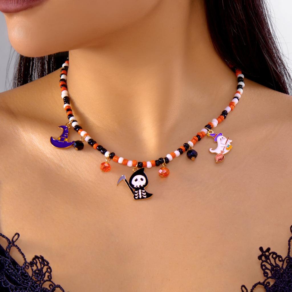 Halloween Halskette Spinnennetz Fledermaus Herz Geist Schwarze Katze Kürbis Anhänger Perle Gotischer Schmuck Für Frauen Männer Party Zubehör Geschenk