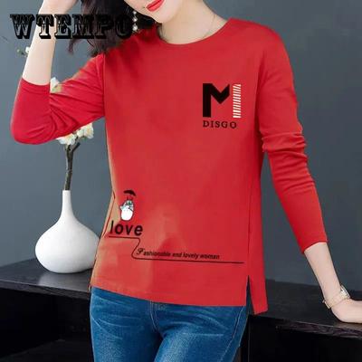 M Print Pullover Frühling Damen T-Shirt Langarm Unterhemd Lässiges Gespaltenes Oberteil