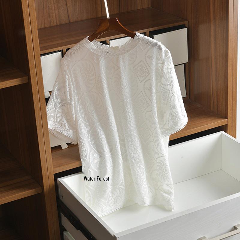 10mm Imitation Silk Floral Embroidered Lace Short-Sleeve Top for Women