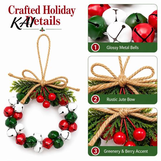 Decorative Bow Bells Mini Jingle Christmas Wreath, Rustic Metal Bell Hanging Wreath with Faux Pine Branch, Entryway Ritual Decor Red Berries And Jute