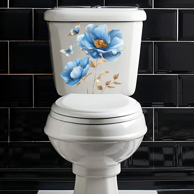New Blue Flower Butterfly Sticker Bathroom Waterproof Toilet Sticker Self-adhesive Wall Sticker