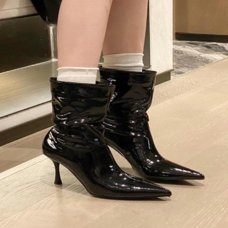 Sexy High Heels Ankle Boots Women Pointed Toe Heeled Shoes Pleated Designer 2025 Winter Chelsea Lether Shoes Luxury Pumps Botas