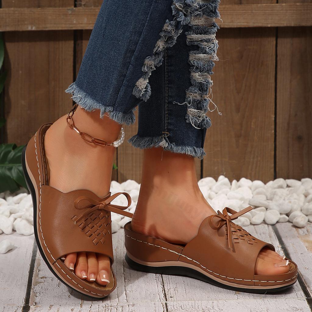 Fashion 2025 New Summer Women Slope Heel Fish Mouth Slippers Fashion Casual Large Coarse Heel Bow Design Comfortable Lightweight Sandals