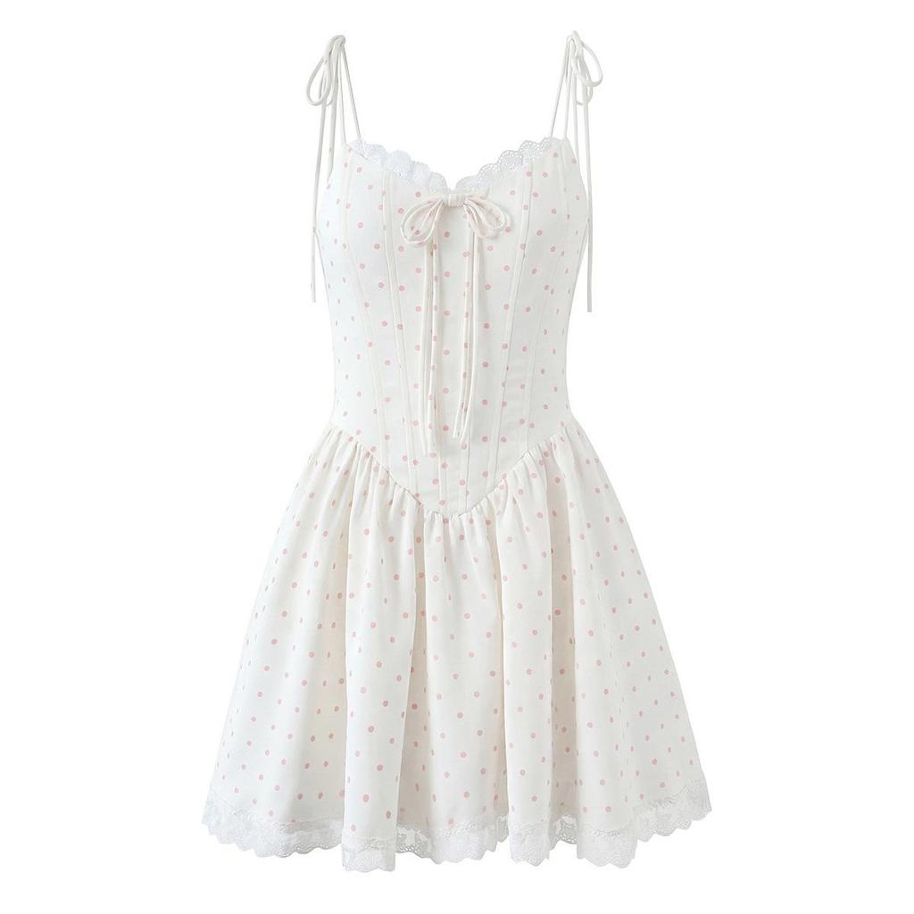 2026 Chic Sweet Polka Dot Lace Patchwork Camisole Dress with Mini Skirt