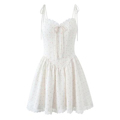 2026 Chic Sweet Polka Dot Lace Patchwork Camisole Dress with Mini Skirt
