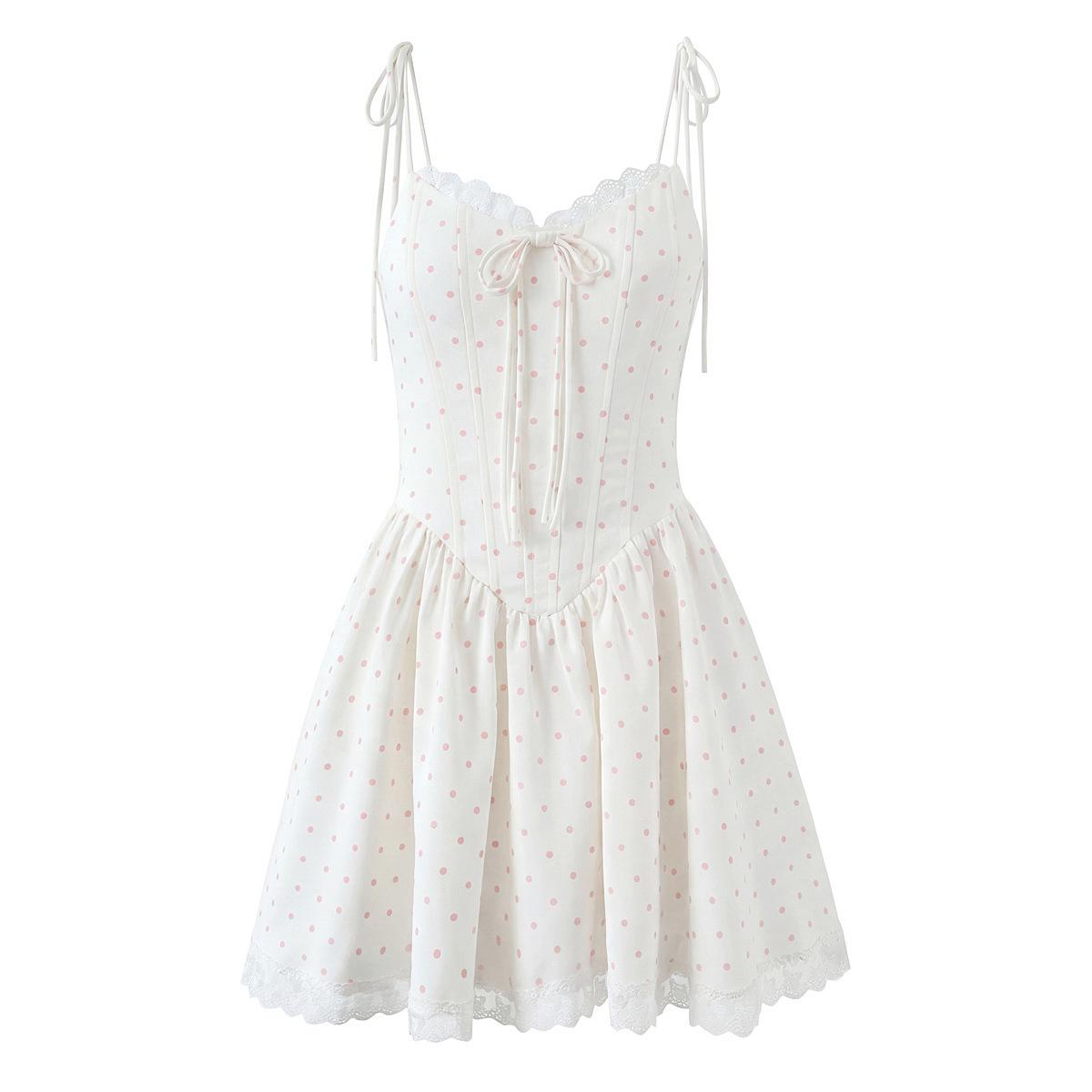 2026 Chic Sweet Polka Dot Lace Patchwork Camisole Dress with Mini Skirt Small