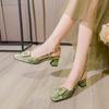 French Bag Head Sandals Women's Summer Square Head Rear Empty Single Shoes 2025 New Silver One-word Buckle with Thick Heels High Heels